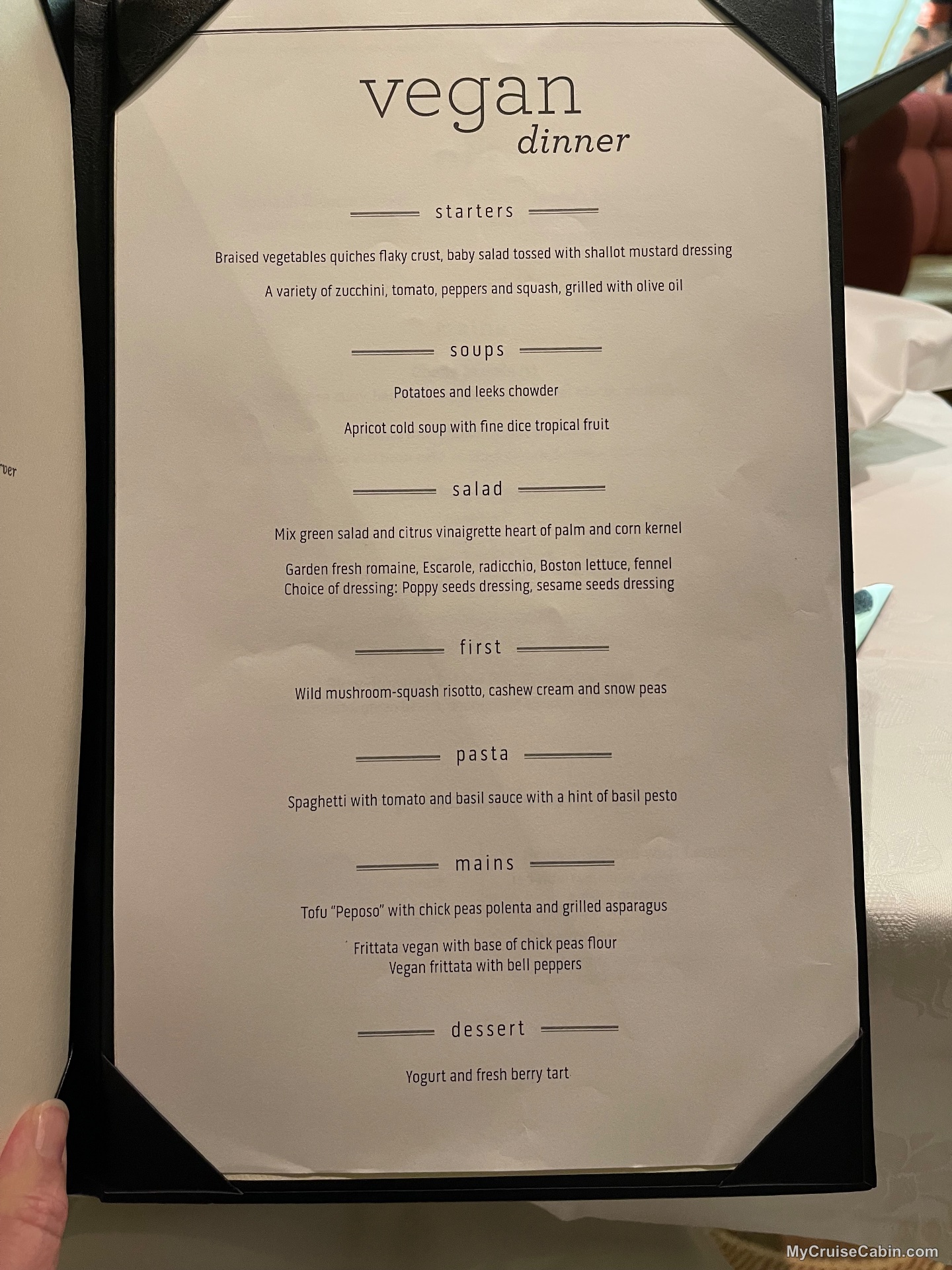 Regal Princess Dinner Vegan menu - Menus