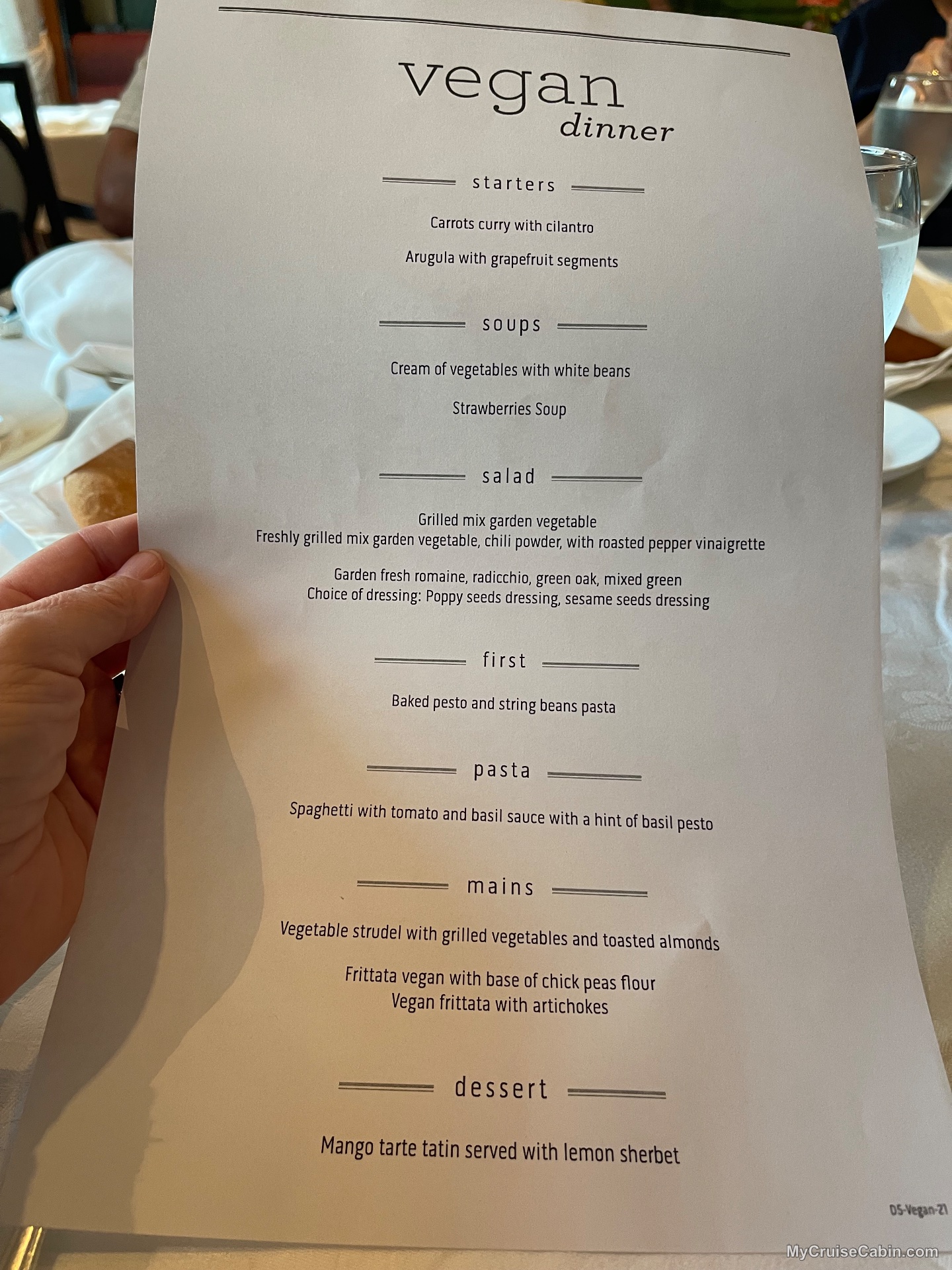Regal Princess Dinner Vegan menu - Menus