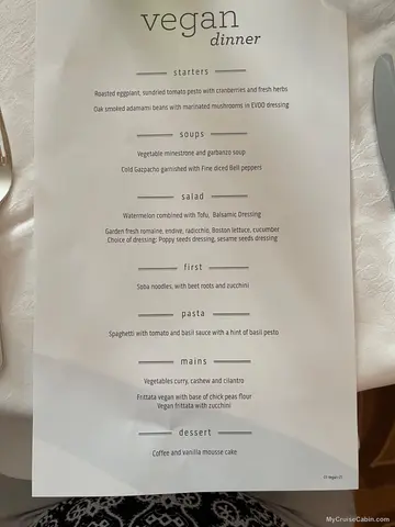 Dinner Vegan menu